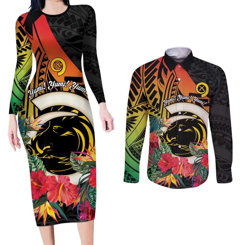 Vanuatu Boar Tusk Yumi Yumi Yumi Couples Matching Long Sleeve Bodycon Dress and Long Sleeve Button Shirt Independens Dei Long God Yumi Stanap LT14 Black - Polynesian Pride