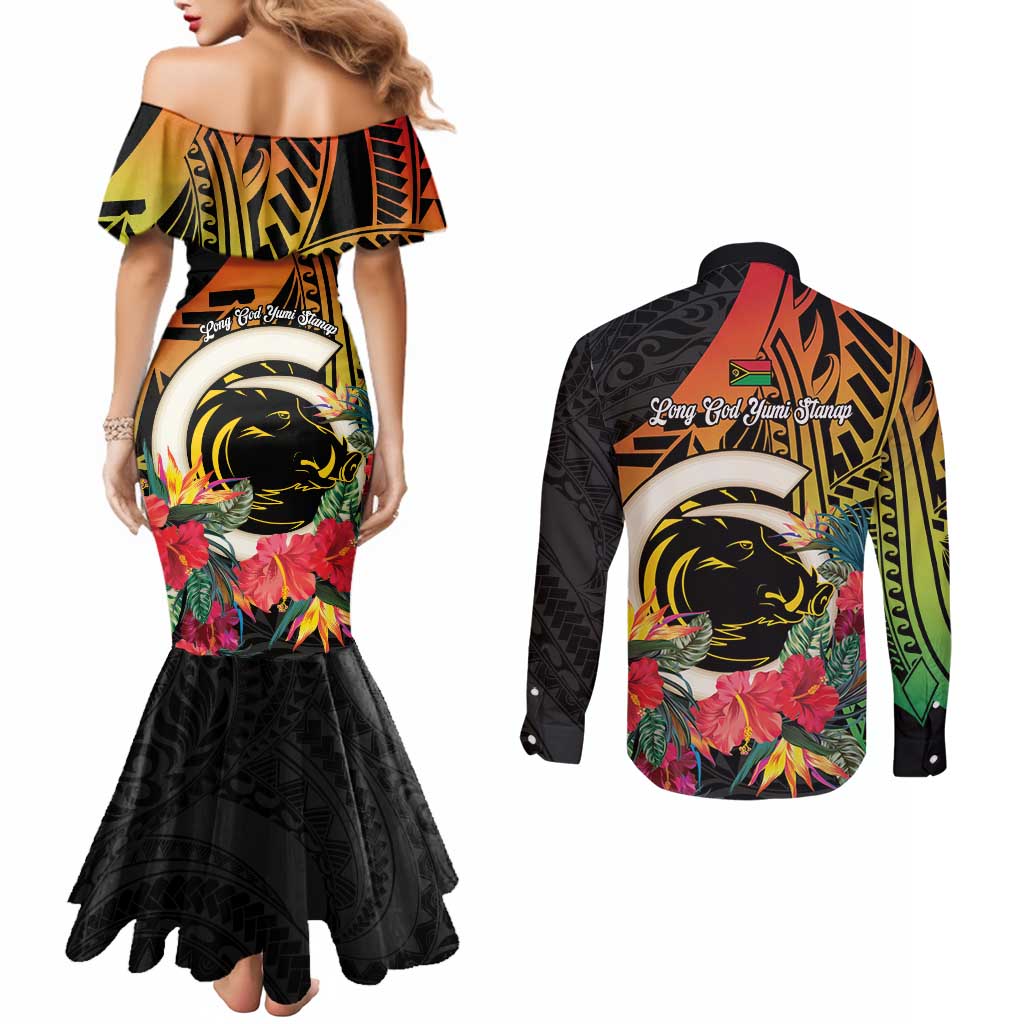 Vanuatu Boar Tusk Yumi Yumi Yumi Couples Matching Mermaid Dress and Long Sleeve Button Shirt Independens Dei Long God Yumi Stanap LT14 - Polynesian Pride