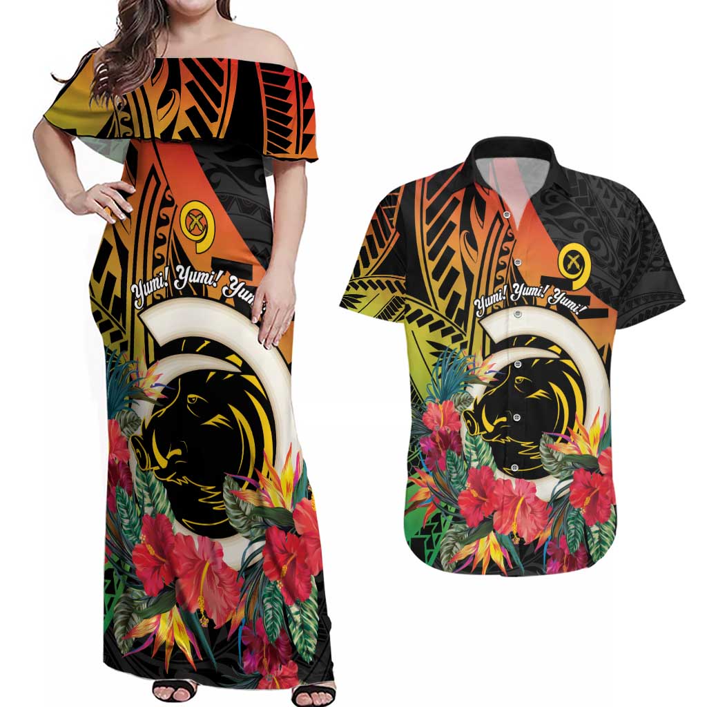 Vanuatu Boar Tusk Yumi Yumi Yumi Couples Matching Off Shoulder Maxi Dress and Hawaiian Shirt Independens Dei Long God Yumi Stanap LT14 Black - Polynesian Pride