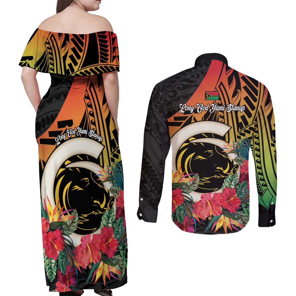 Vanuatu Boar Tusk Yumi Yumi Yumi Couples Matching Off Shoulder Maxi Dress and Long Sleeve Button Shirt Independens Dei Long God Yumi Stanap LT14 - Polynesian Pride