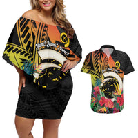 Vanuatu Boar Tusk Yumi Yumi Yumi Couples Matching Off Shoulder Short Dress and Hawaiian Shirt Independens Dei Long God Yumi Stanap LT14 Black - Polynesian Pride