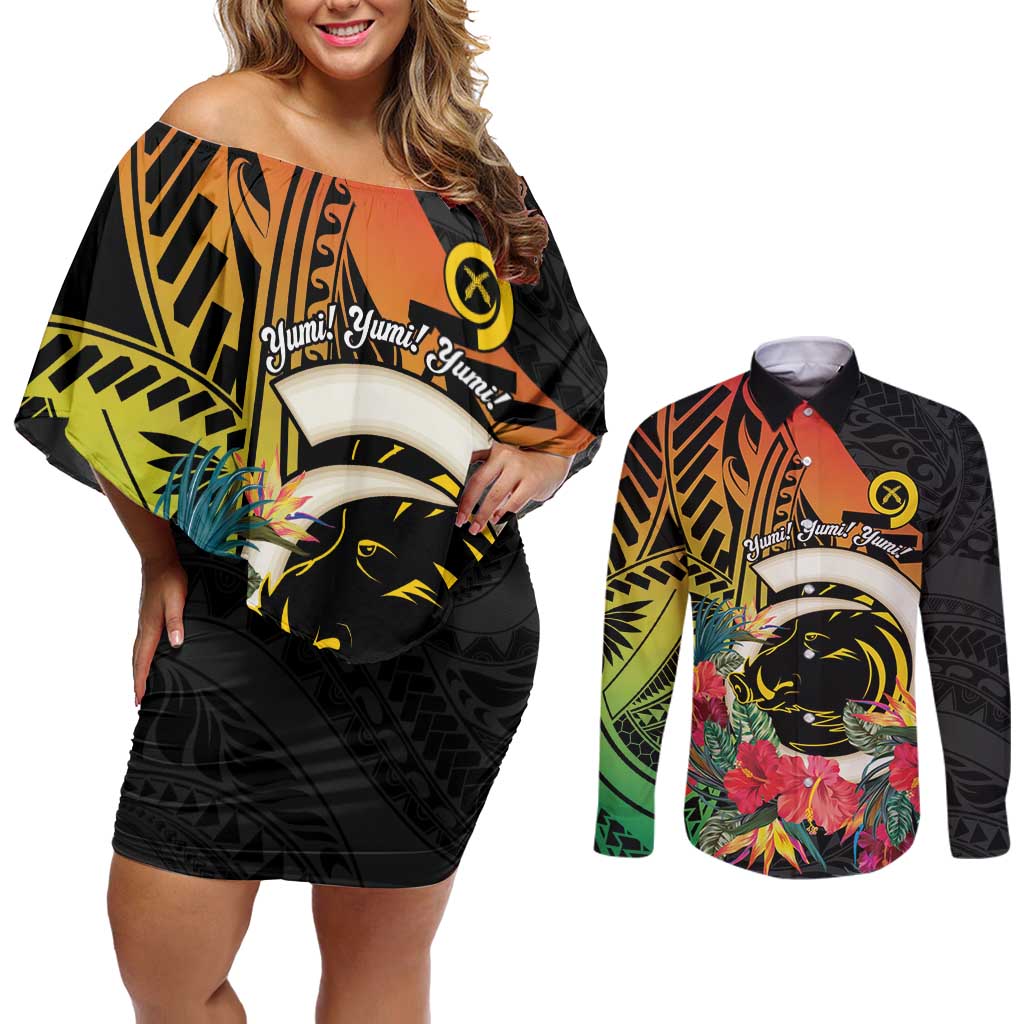 Vanuatu Boar Tusk Yumi Yumi Yumi Couples Matching Off Shoulder Short Dress and Long Sleeve Button Shirt Independens Dei Long God Yumi Stanap LT14 Black - Polynesian Pride