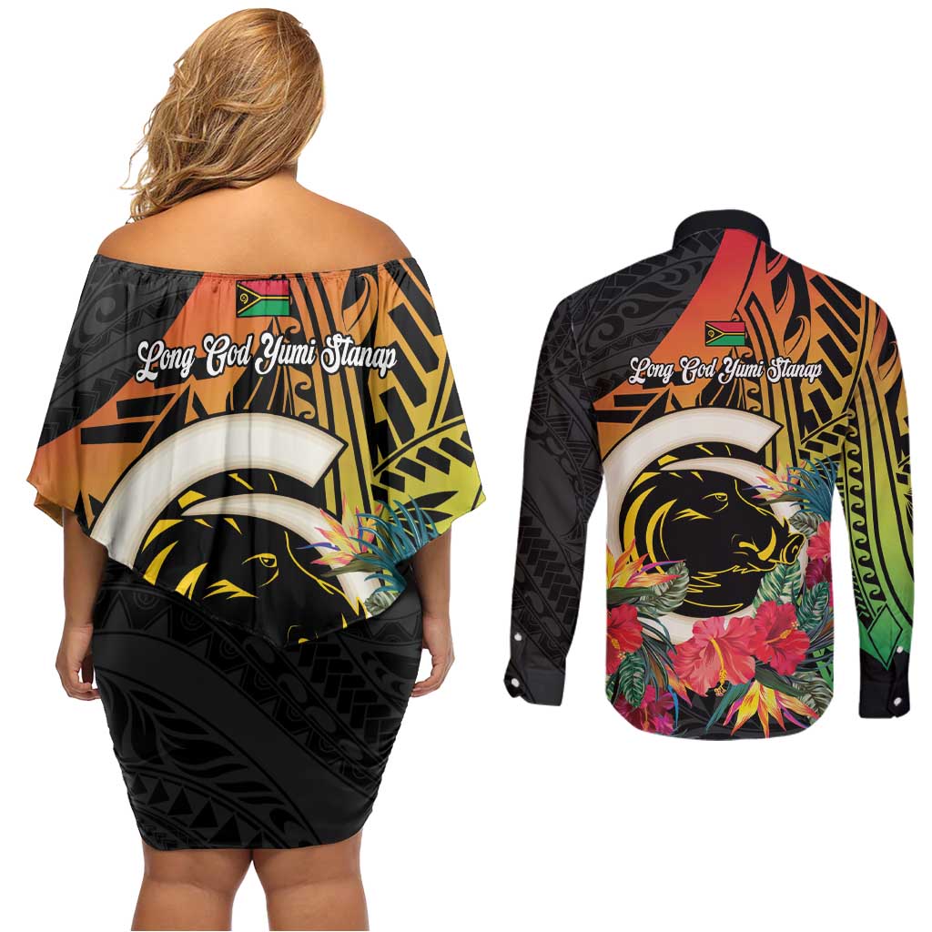Vanuatu Boar Tusk Yumi Yumi Yumi Couples Matching Off Shoulder Short Dress and Long Sleeve Button Shirt Independens Dei Long God Yumi Stanap LT14 - Polynesian Pride