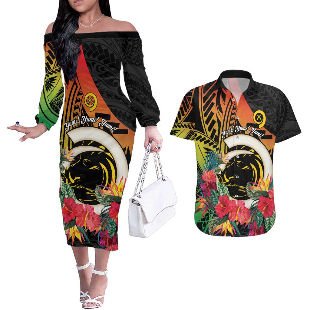 Vanuatu Boar Tusk Yumi Yumi Yumi Couples Matching Off The Shoulder Long Sleeve Dress and Hawaiian Shirt Independens Dei Long God Yumi Stanap LT14 Black - Polynesian Pride