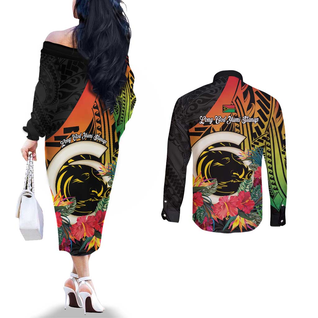 Vanuatu Boar Tusk Yumi Yumi Yumi Couples Matching Off The Shoulder Long Sleeve Dress and Long Sleeve Button Shirt Independens Dei Long God Yumi Stanap LT14 - Polynesian Pride