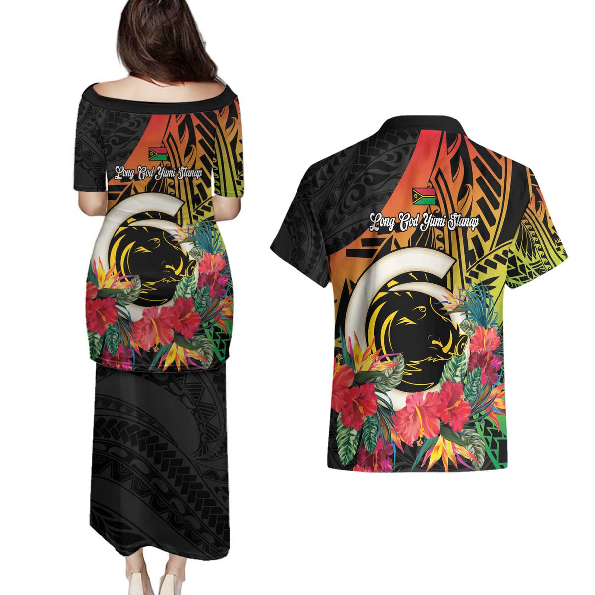 Vanuatu Boar Tusk Yumi Yumi Yumi Couples Matching Puletasi and Hawaiian Shirt Independens Dei Long God Yumi Stanap LT14 - Polynesian Pride