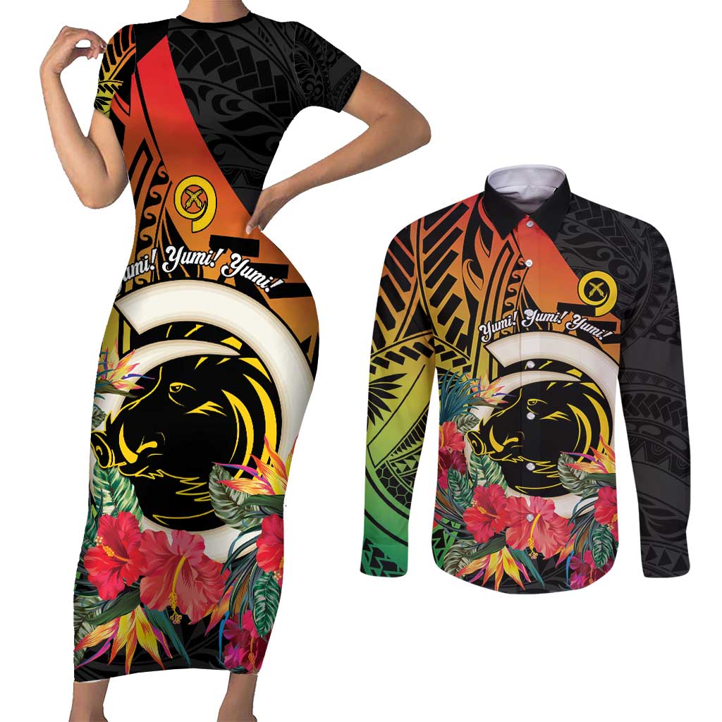 Vanuatu Boar Tusk Yumi Yumi Yumi Couples Matching Short Sleeve Bodycon Dress and Long Sleeve Button Shirt Independens Dei Long God Yumi Stanap LT14 Black - Polynesian Pride
