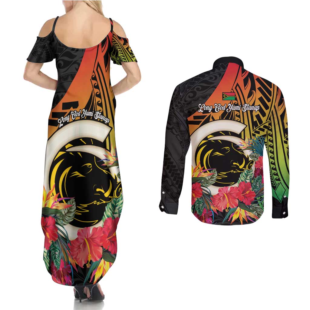 Vanuatu Boar Tusk Yumi Yumi Yumi Couples Matching Summer Maxi Dress and Long Sleeve Button Shirt Independens Dei Long God Yumi Stanap LT14 - Polynesian Pride