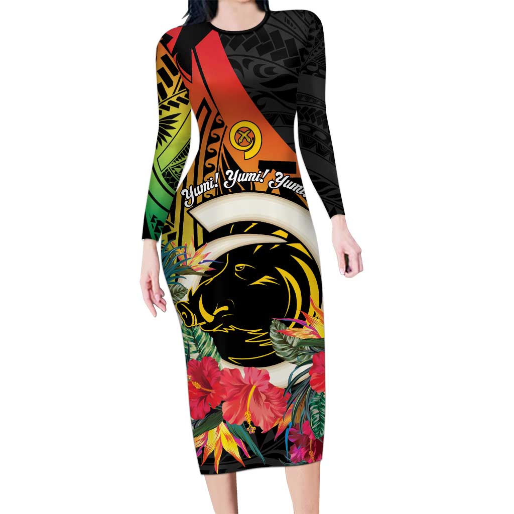 Vanuatu Boar Tusk Yumi Yumi Yumi Family Matching Long Sleeve Bodycon Dress and Hawaiian Shirt Independens Dei Long God Yumi Stanap LT14 Mom's Dress Black - Polynesian Pride