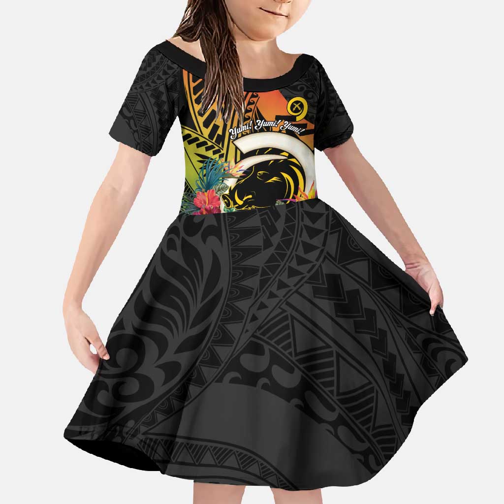 Vanuatu Boar Tusk Yumi Yumi Yumi Family Matching Off Shoulder Maxi Dress and Hawaiian Shirt Independens Dei Long God Yumi Stanap LT14 Daughter's Dress Black - Polynesian Pride
