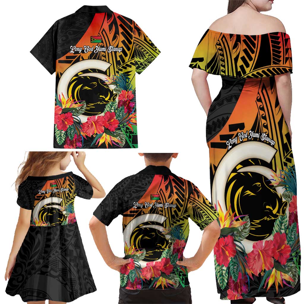 Vanuatu Boar Tusk Yumi Yumi Yumi Family Matching Off Shoulder Maxi Dress and Hawaiian Shirt Independens Dei Long God Yumi Stanap LT14 - Polynesian Pride