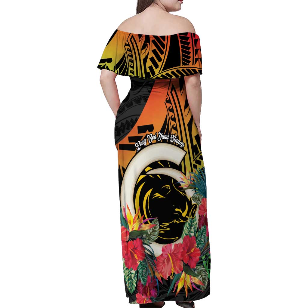 Vanuatu Boar Tusk Yumi Yumi Yumi Family Matching Off Shoulder Maxi Dress and Hawaiian Shirt Independens Dei Long God Yumi Stanap LT14 - Polynesian Pride