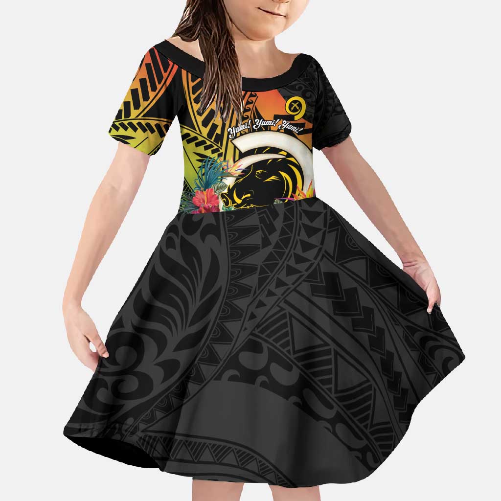 Vanuatu Boar Tusk Yumi Yumi Yumi Family Matching Short Sleeve Bodycon Dress and Hawaiian Shirt Independens Dei Long God Yumi Stanap LT14 Daughter's Dress Black - Polynesian Pride