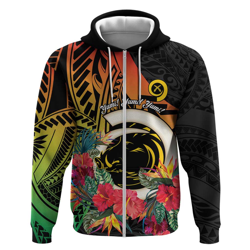 Vanuatu Boar Tusk Yumi Yumi Yumi Hoodie Independens Dei Long God Yumi Stanap LT14 Zip Hoodie Black - Polynesian Pride
