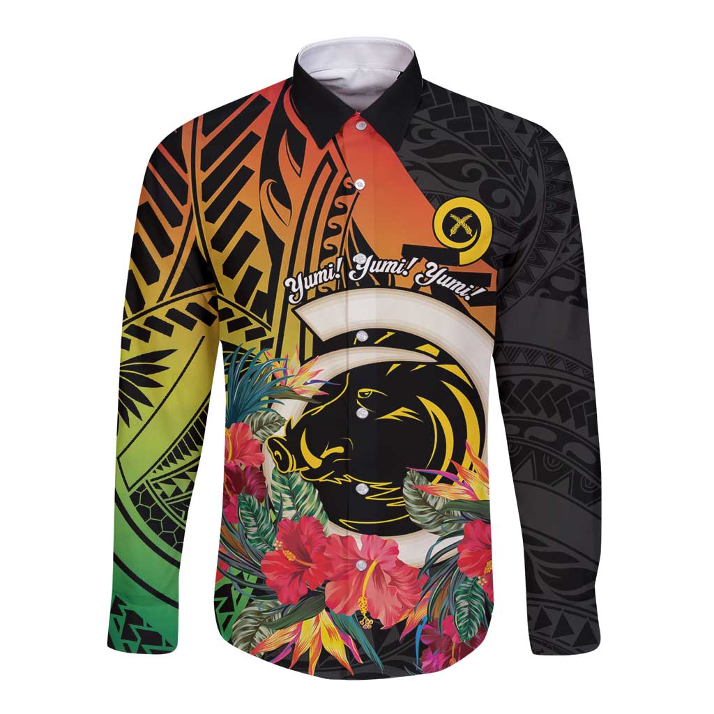 Vanuatu Boar Tusk Yumi Yumi Yumi Long Sleeve Button Shirt Independens Dei Long God Yumi Stanap LT14 Unisex Black - Polynesian Pride
