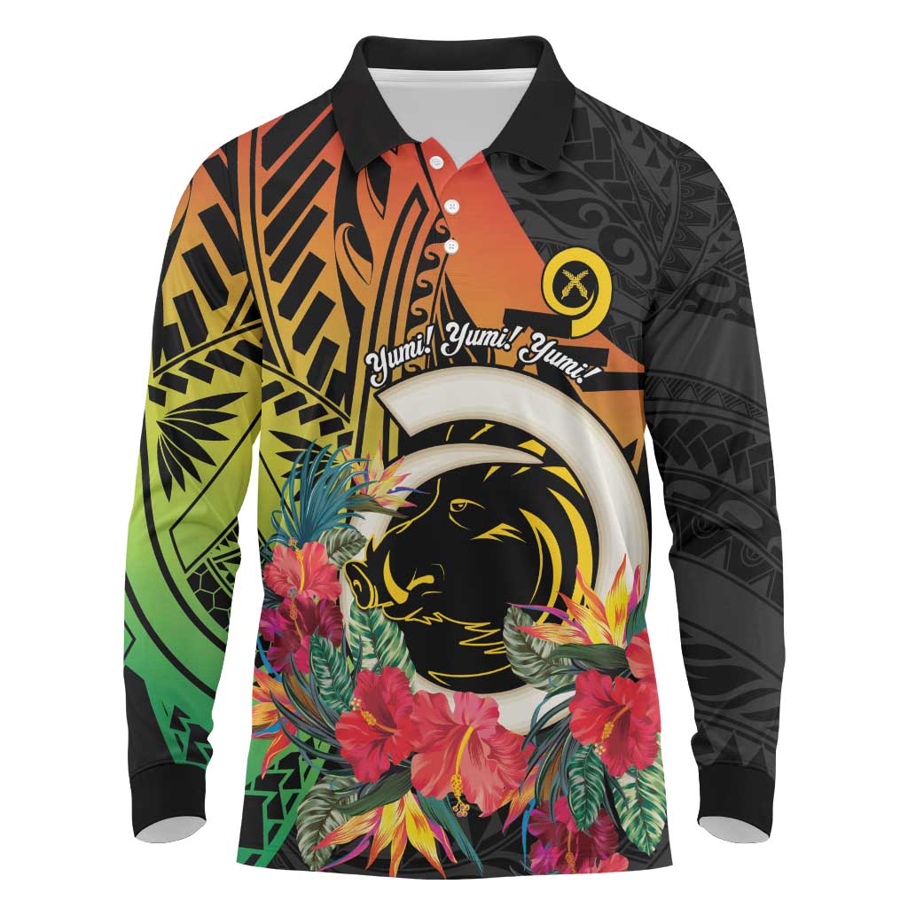 Vanuatu Boar Tusk Yumi Yumi Yumi Long Sleeve Polo Shirt Independens Dei Long God Yumi Stanap LT14 Black - Polynesian Pride
