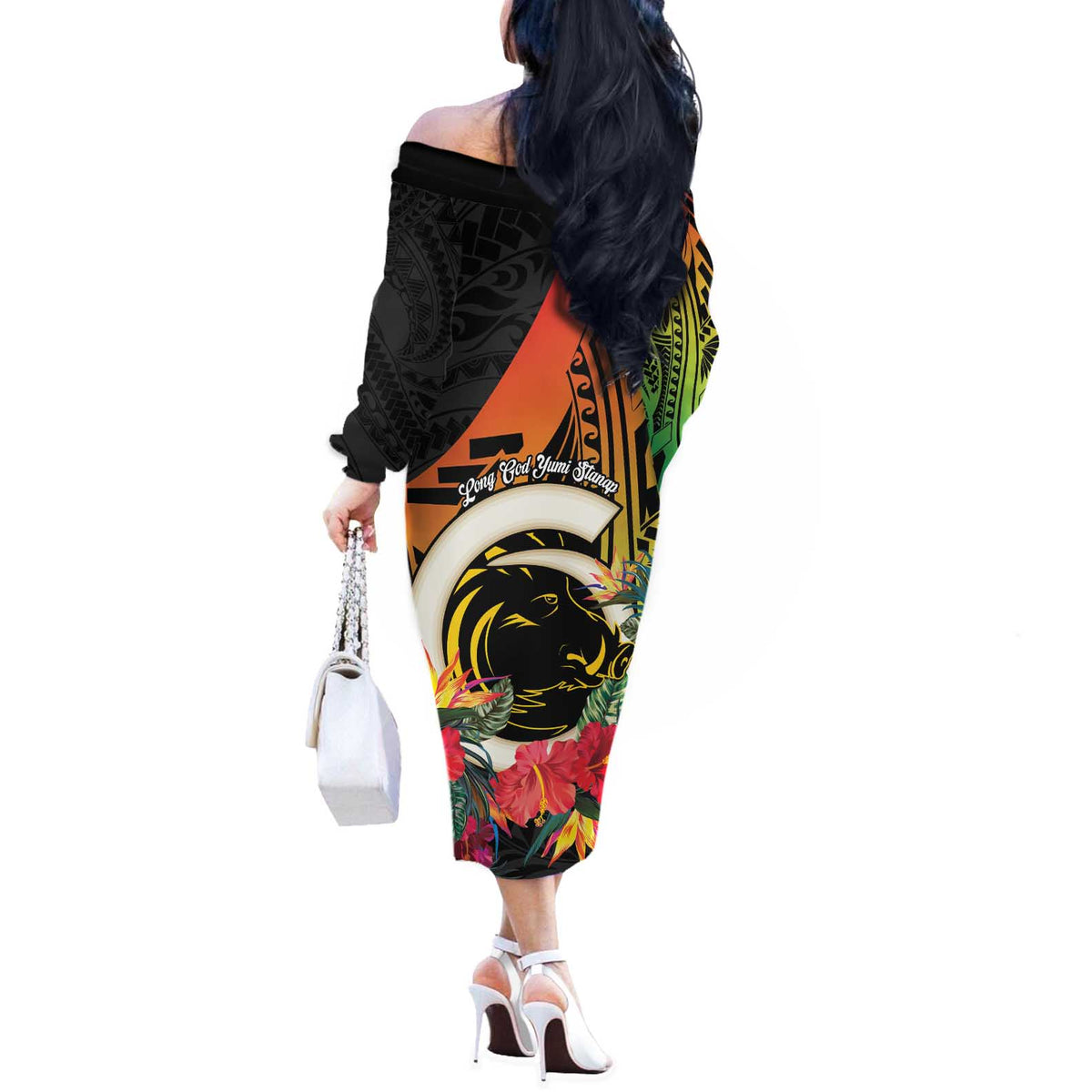 Vanuatu Boar Tusk Yumi Yumi Yumi Off The Shoulder Long Sleeve Dress Independens Dei Long God Yumi Stanap LT14 - Polynesian Pride