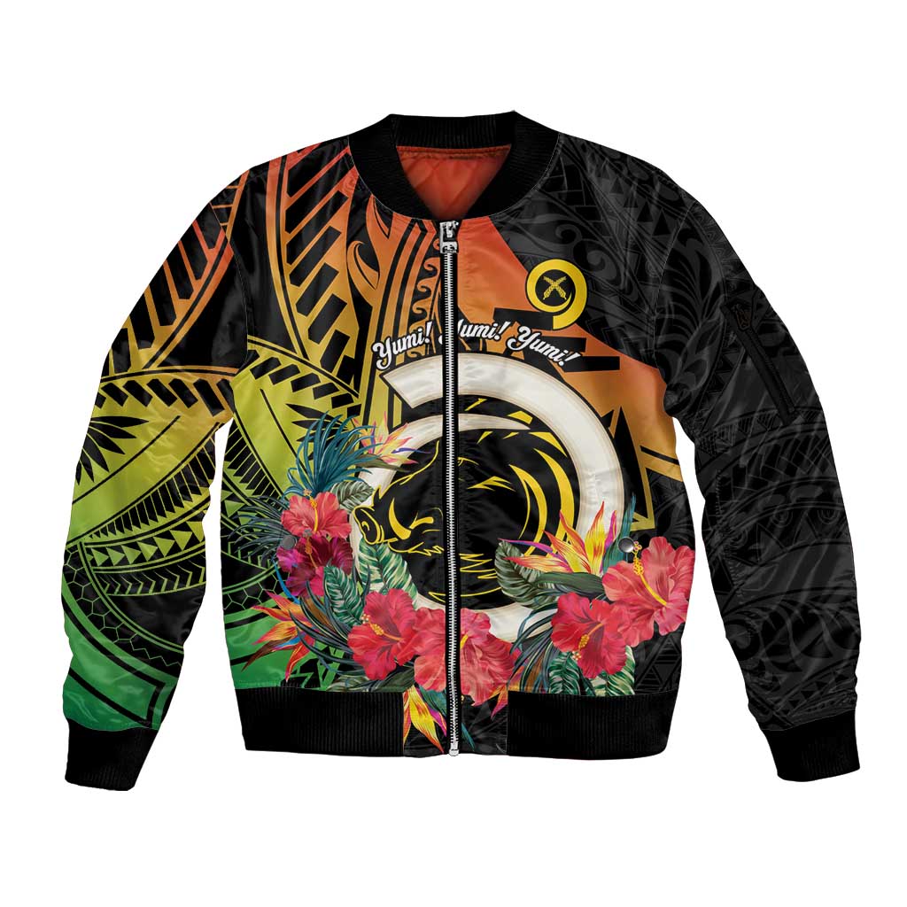 Vanuatu Boar Tusk Yumi Yumi Yumi Sleeve Zip Bomber Jacket Independens Dei Long God Yumi Stanap LT14 Unisex Black - Polynesian Pride
