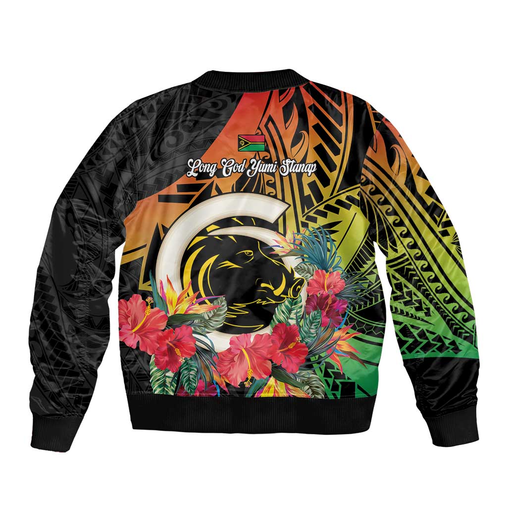 Vanuatu Boar Tusk Yumi Yumi Yumi Sleeve Zip Bomber Jacket Independens Dei Long God Yumi Stanap LT14 - Polynesian Pride