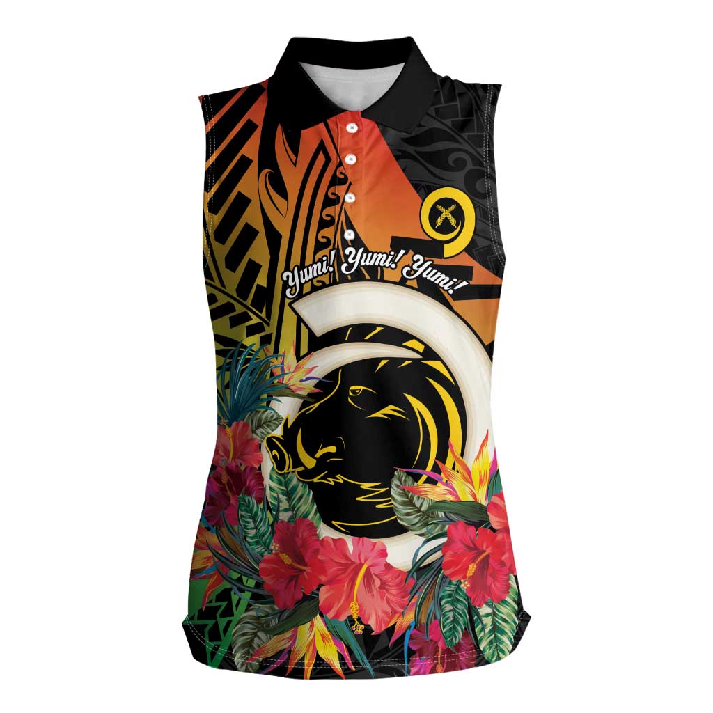 Vanuatu Boar Tusk Yumi Yumi Yumi Women Sleeveless Polo Shirt Independens Dei Long God Yumi Stanap LT14 Female Black - Polynesian Pride