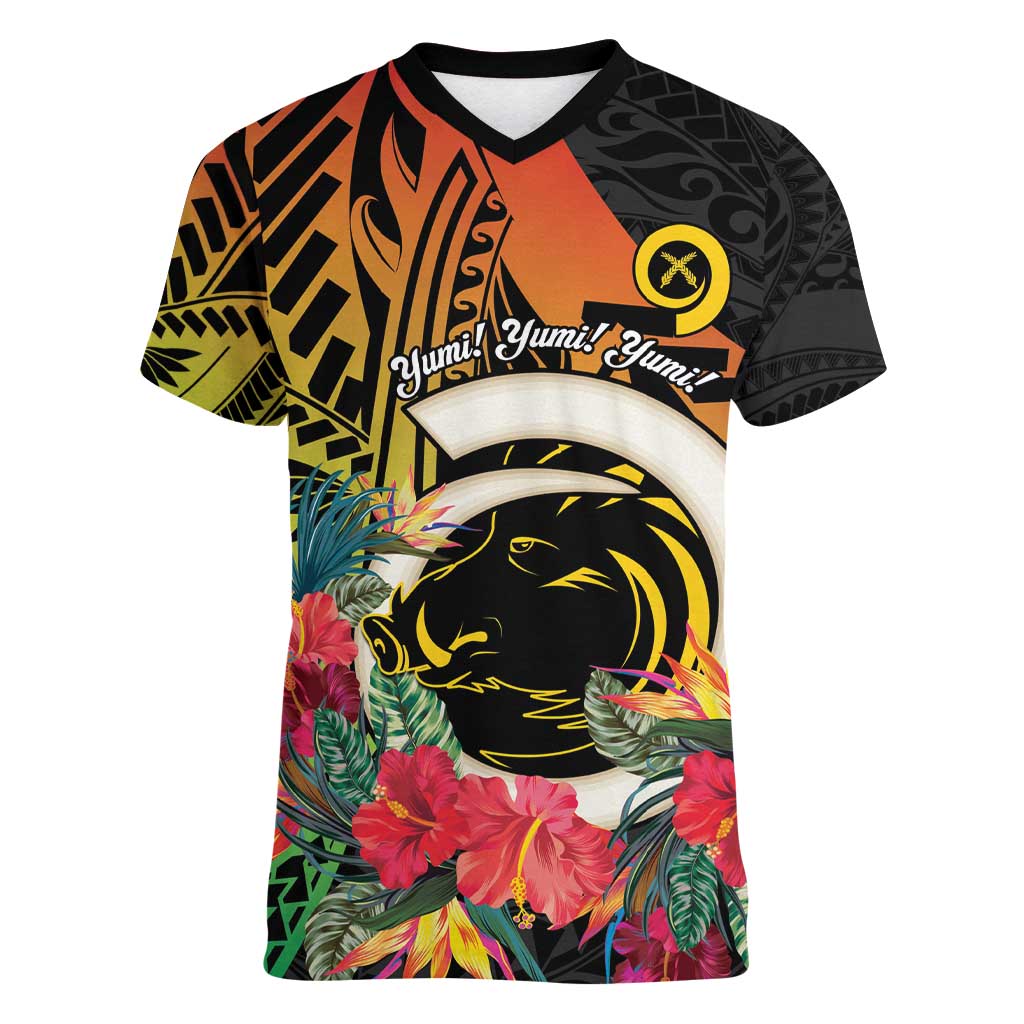 Vanuatu Boar Tusk Yumi Yumi Yumi Women V-Neck T-Shirt Independens Dei Long God Yumi Stanap LT14 Female Black - Polynesian Pride