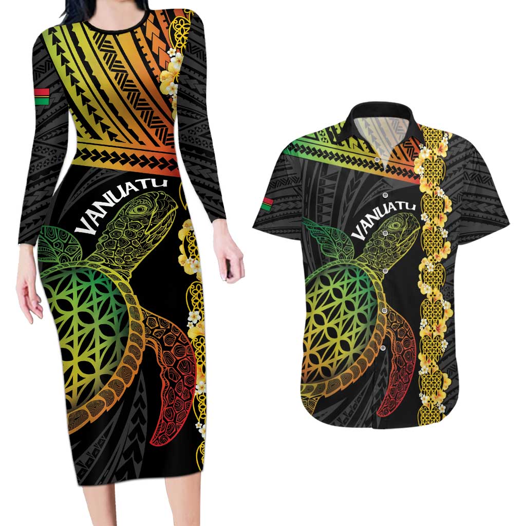 Vanuatu Sand Drawing Turtle Couples Matching Long Sleeve Bodycon Dress and Hawaiian Shirt Happy Independence Day LT14 Black - Polynesian Pride