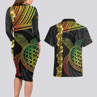 Vanuatu Sand Drawing Turtle Couples Matching Long Sleeve Bodycon Dress and Hawaiian Shirt Happy Independence Day LT14 - Polynesian Pride