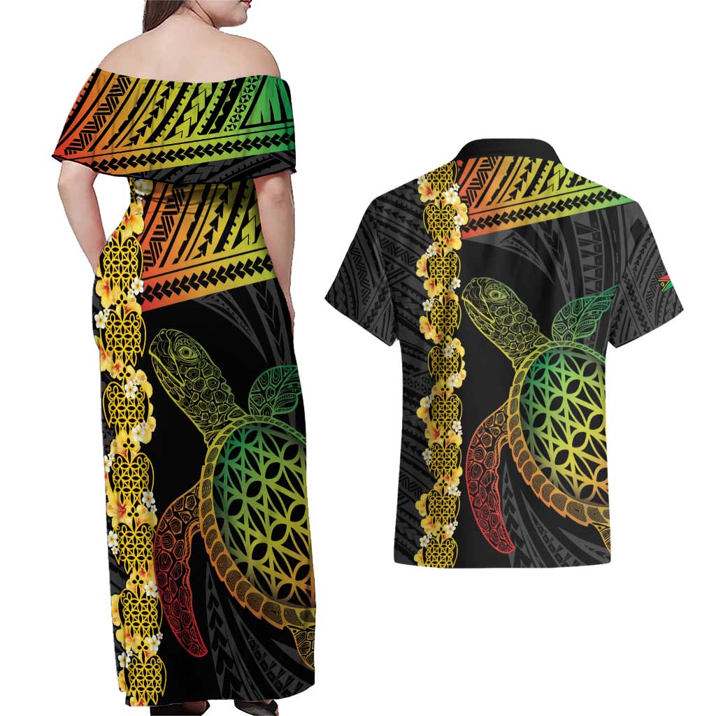 Vanuatu Sand Drawing Turtle Couples Matching Off Shoulder Maxi Dress and Hawaiian Shirt Happy Independence Day