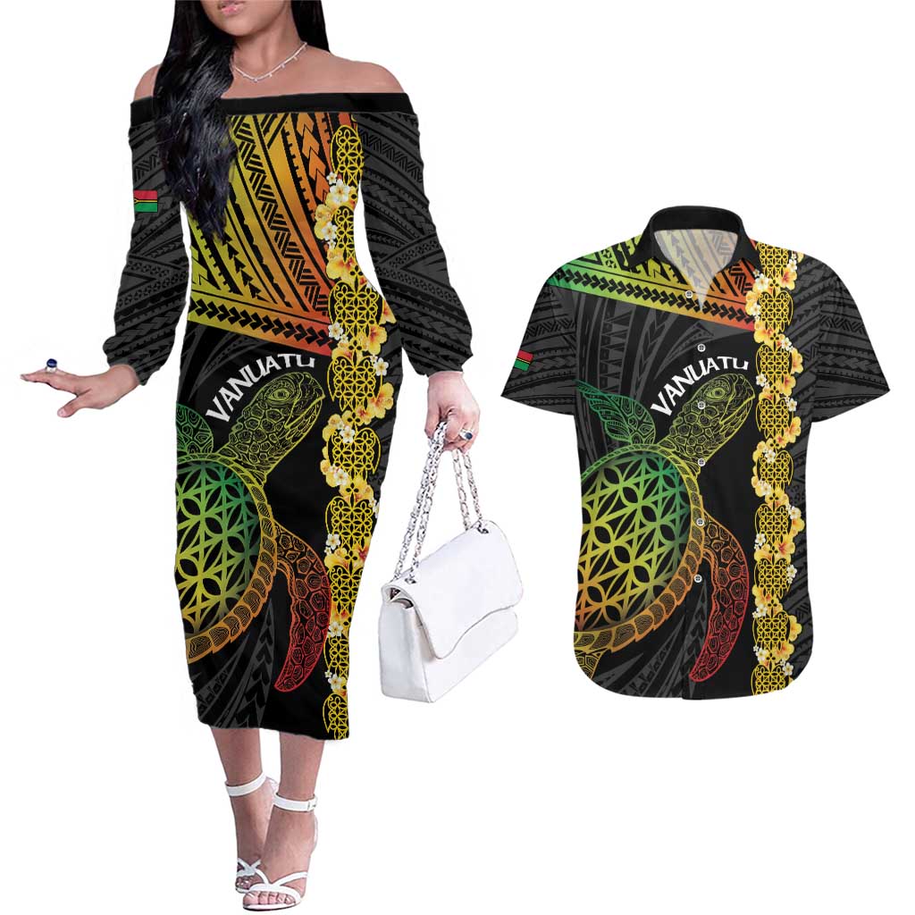 Vanuatu Sand Drawing Turtle Couples Matching Off The Shoulder Long Sleeve Dress and Hawaiian Shirt Happy Independence Day LT14 Black - Polynesian Pride