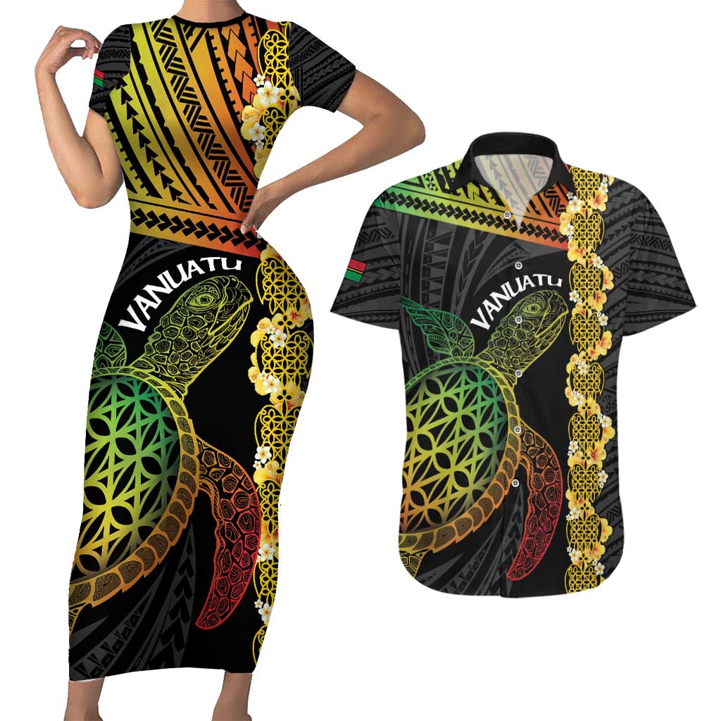 Vanuatu Sand Drawing Turtle Couples Matching Short Sleeve Bodycon Dress and Hawaiian Shirt Happy Independence Day LT14 Black - Polynesian Pride