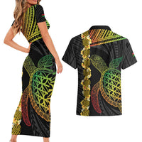 Vanuatu Sand Drawing Turtle Couples Matching Short Sleeve Bodycon Dress and Hawaiian Shirt Happy Independence Day LT14 - Polynesian Pride