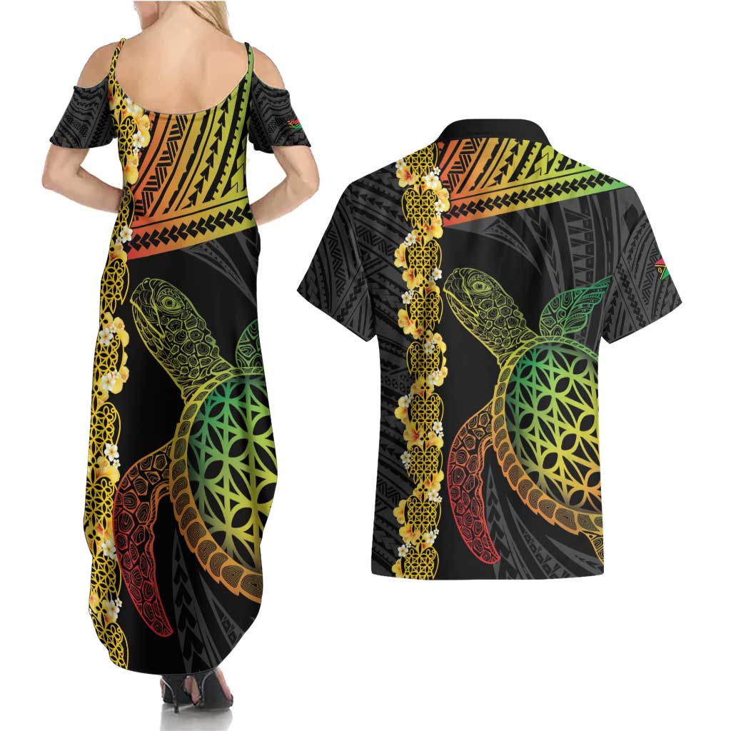 Vanuatu Sand Drawing Turtle Couples Matching Summer Maxi Dress and Hawaiian Shirt Happy Independence Day