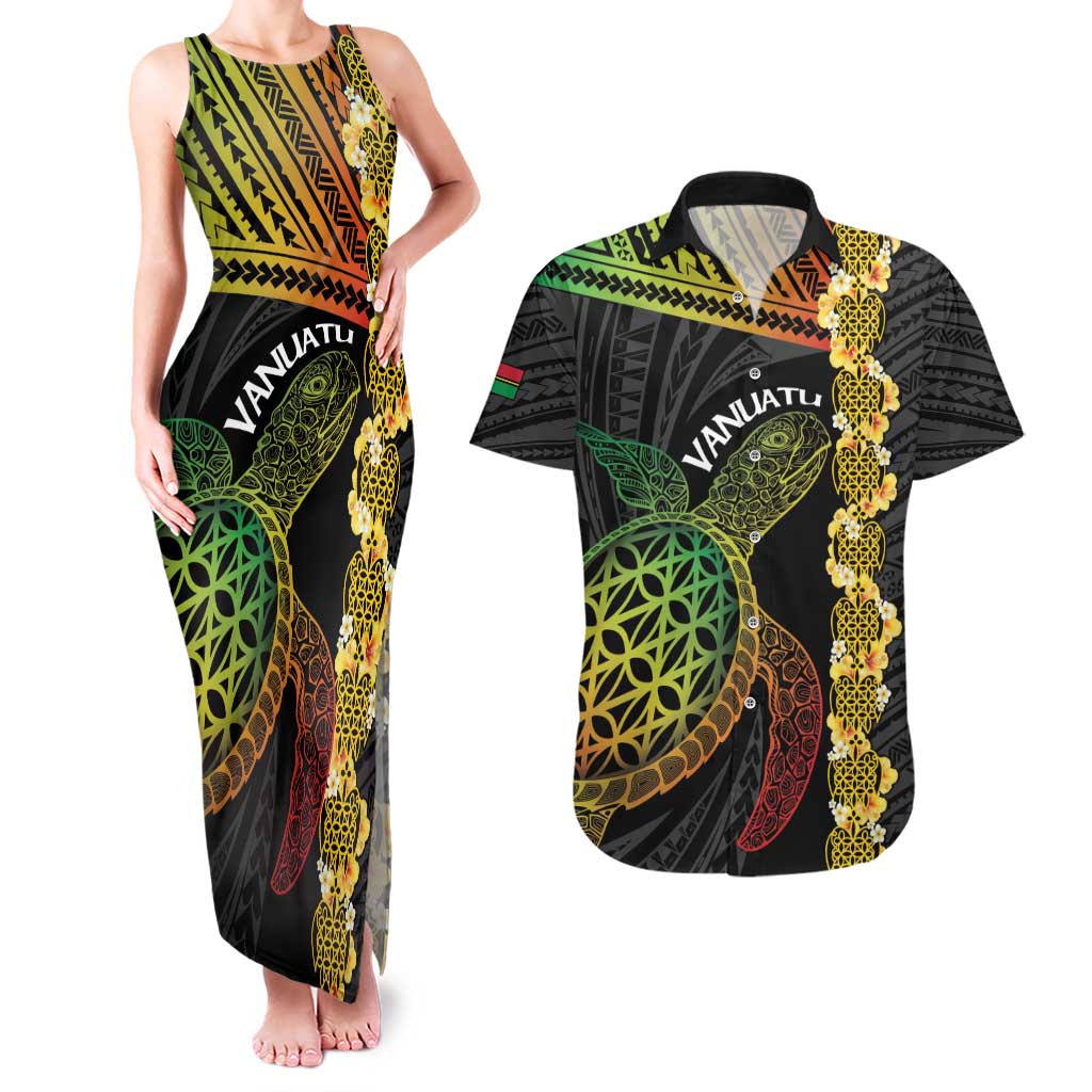 Vanuatu Sand Drawing Turtle Couples Matching Tank Maxi Dress and Hawaiian Shirt Happy Independence Day