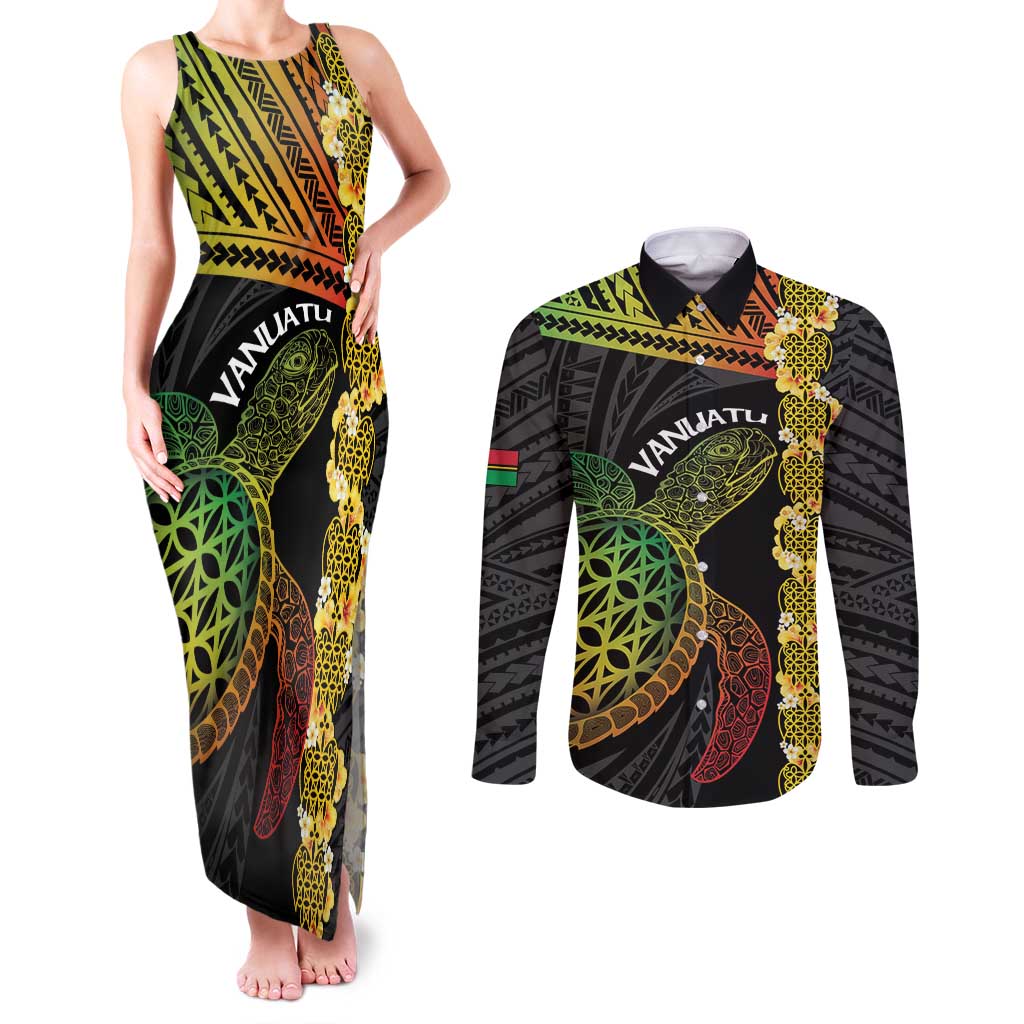 Vanuatu Sand Drawing Turtle Couples Matching Tank Maxi Dress and Long Sleeve Button Shirt Happy Independence Day