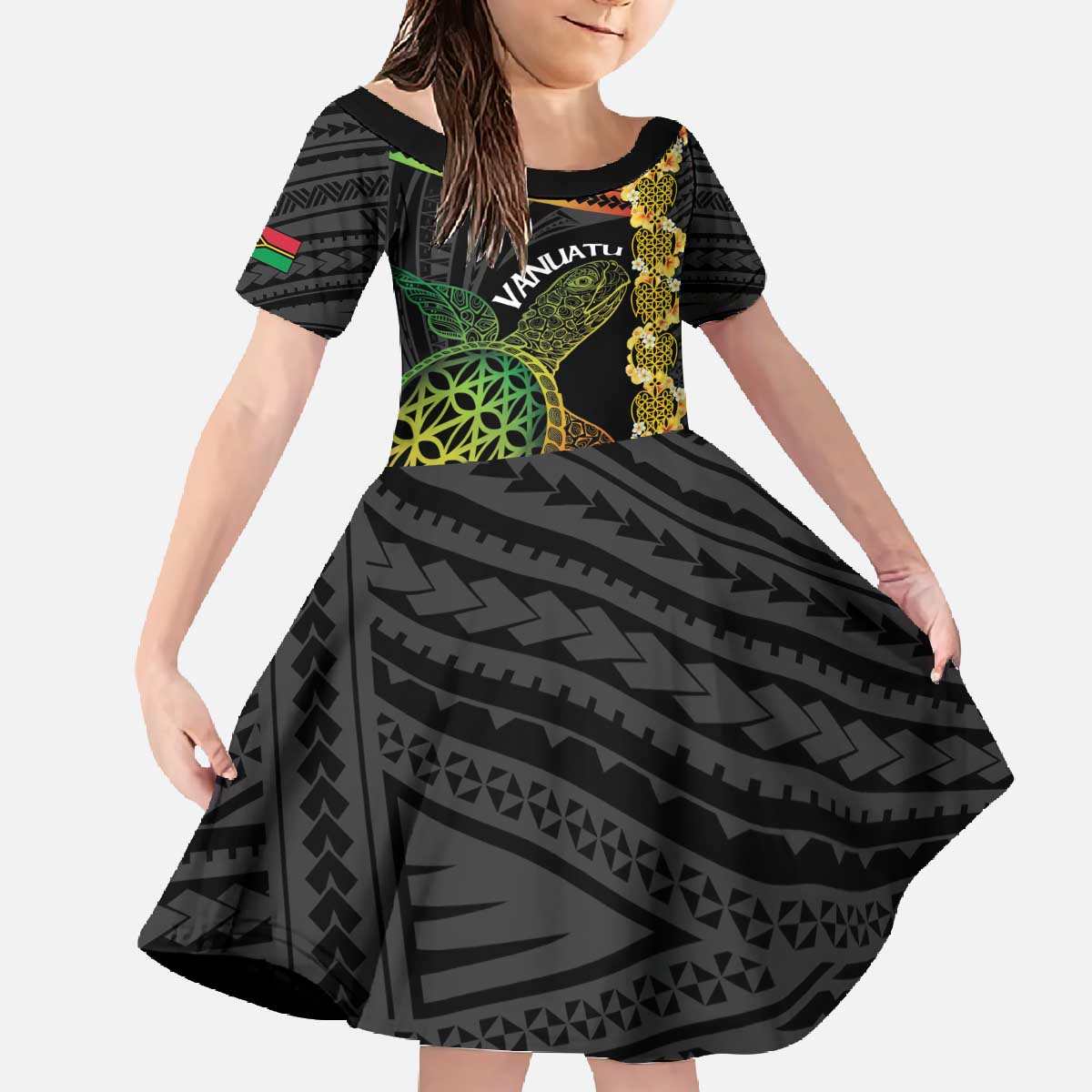 Vanuatu Sand Drawing Turtle Family Matching Off The Shoulder Long Sleeve Dress and Hawaiian Shirt Happy Independence Day LT14 Daughter's Dress Black - Polynesian Pride