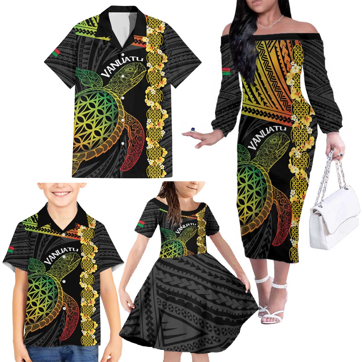 Vanuatu Sand Drawing Turtle Family Matching Off The Shoulder Long Sleeve Dress and Hawaiian Shirt Happy Independence Day LT14 - Polynesian Pride