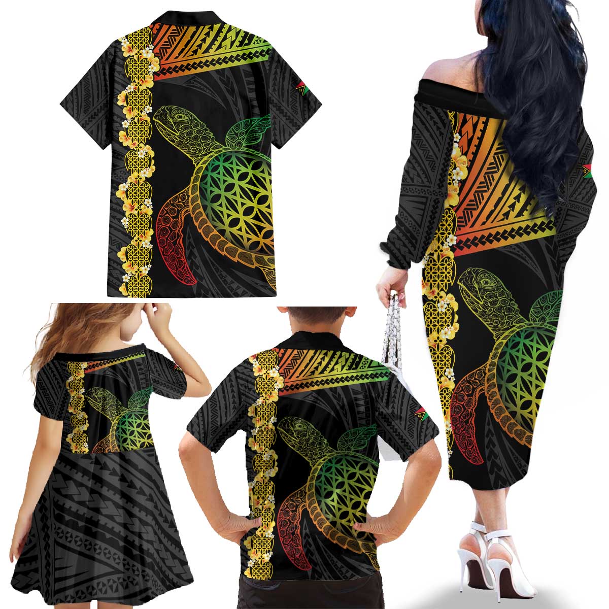 Vanuatu Sand Drawing Turtle Family Matching Off The Shoulder Long Sleeve Dress and Hawaiian Shirt Happy Independence Day LT14 - Polynesian Pride