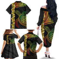 Vanuatu Sand Drawing Turtle Family Matching Off The Shoulder Long Sleeve Dress and Hawaiian Shirt Happy Independence Day LT14 - Polynesian Pride