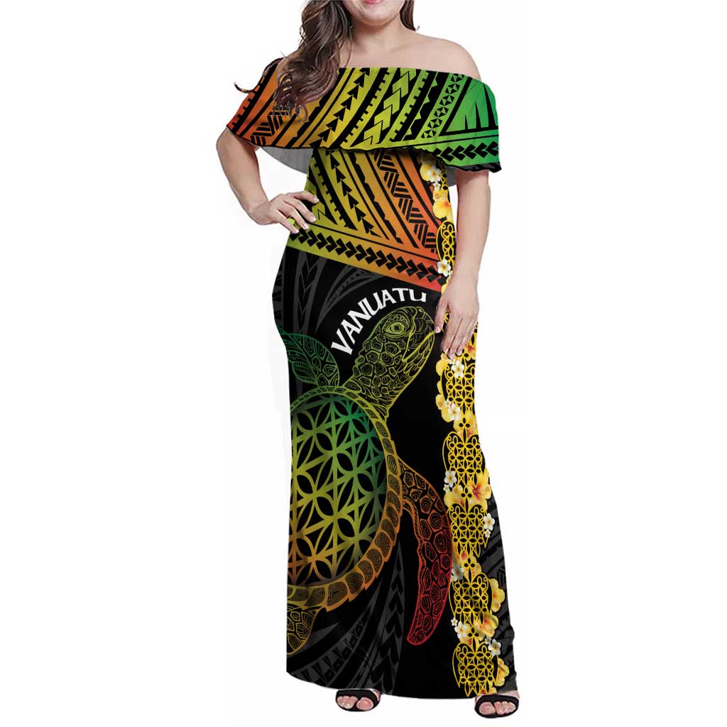 Vanuatu Sand Drawing Turtle Family Matching Off Shoulder Maxi Dress and Hawaiian Shirt Happy Independence Day LT14 Mom's Dress Black - Polynesian Pride