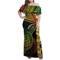 Vanuatu Sand Drawing Turtle Family Matching Off Shoulder Maxi Dress and Hawaiian Shirt Happy Independence Day LT14 Mom's Dress Black - Polynesian Pride