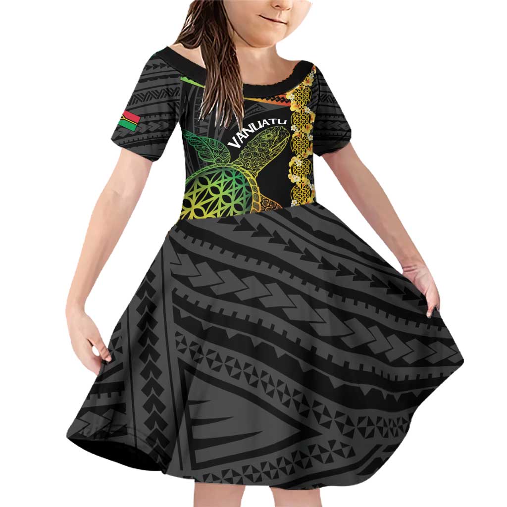 Vanuatu Sand Drawing Turtle Family Matching Off Shoulder Short Dress and Hawaiian Shirt Happy Independence Day LT14 Daughter's Dress Black - Polynesian Pride