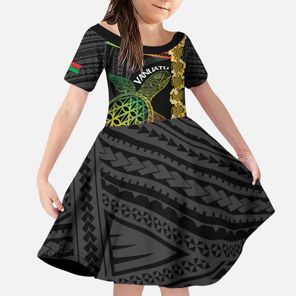 Vanuatu Sand Drawing Turtle Family Matching Puletasi and Hawaiian Shirt Happy Independence Day LT14 Daughter's Dress Black - Polynesian Pride
