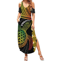 Vanuatu Sand Drawing Turtle Family Matching Summer Maxi Dress and Hawaiian Shirt Happy Independence Day LT14 Mom's Dress Black - Polynesian Pride