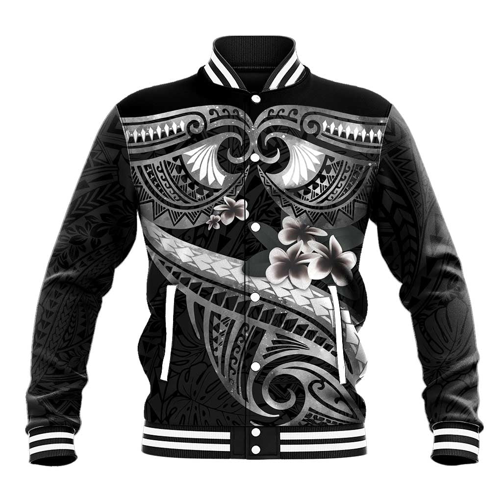 Black Polynesia Baseball Jacket Tribal Pattern Tropical Frangipani