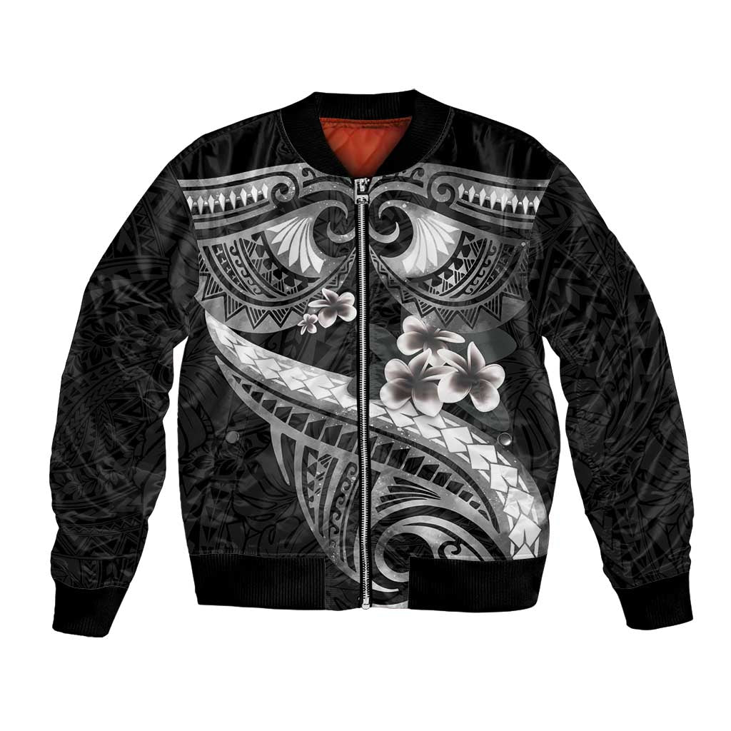 Black Polynesia Bomber Jacket Tribal Pattern Tropical Frangipani LT14 Unisex Black - Polynesian Pride