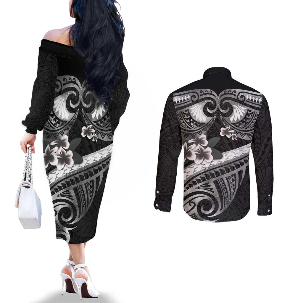 Black Polynesia Couples Matching Off The Shoulder Long Sleeve Dress and Long Sleeve Button Shirt Tribal Pattern Tropical Frangipani