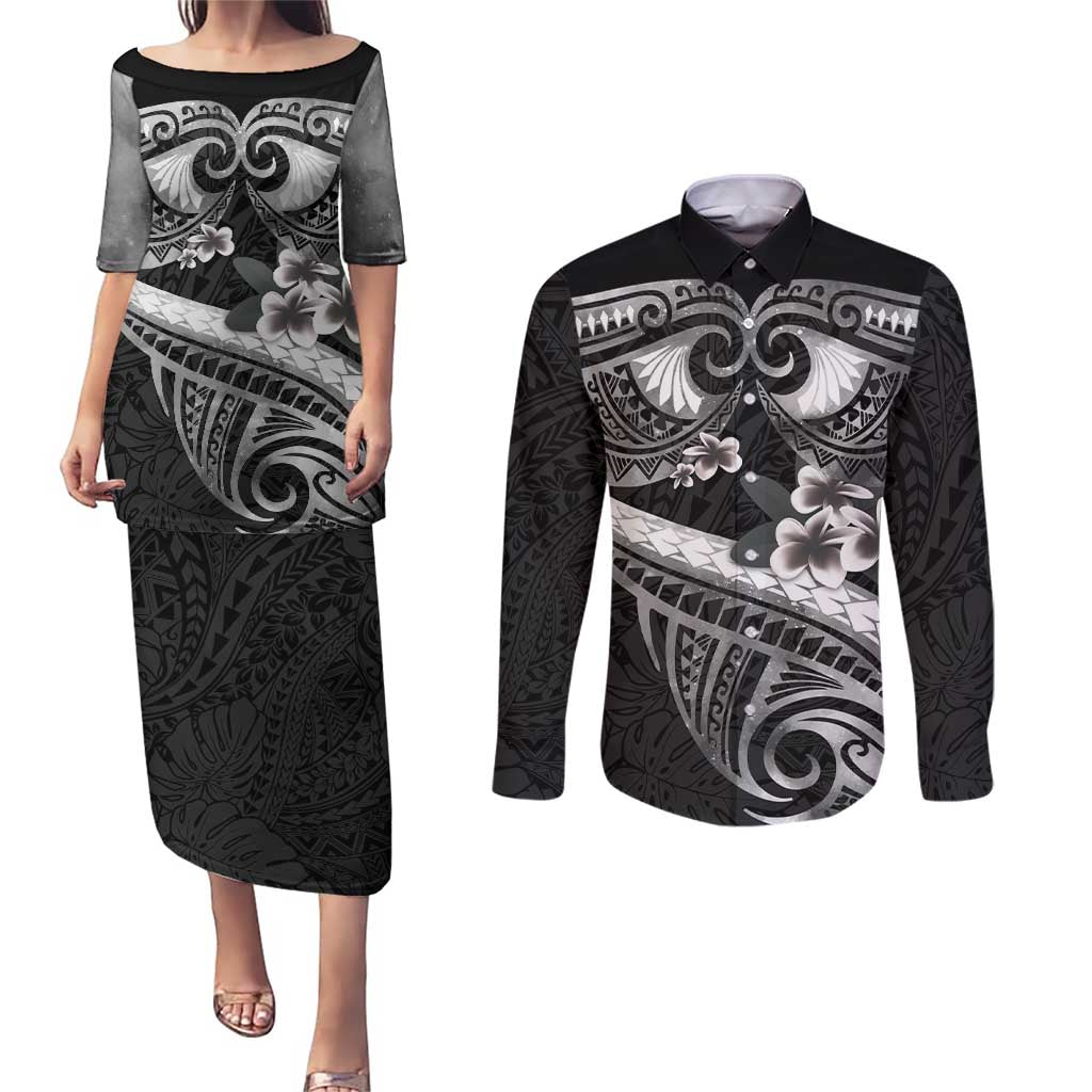 Black Polynesia Couples Matching Puletasi and Long Sleeve Button Shirt Tribal Pattern Tropical Frangipani
