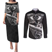 Black Polynesia Couples Matching Puletasi and Long Sleeve Button Shirt Tribal Pattern Tropical Frangipani