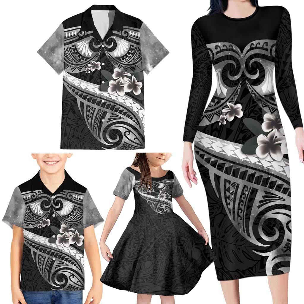 Black Polynesia Family Matching Long Sleeve Bodycon Dress and Hawaiian Shirt Tribal Pattern Tropical Frangipani LT14 - Polynesian Pride