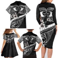 Black Polynesia Family Matching Long Sleeve Bodycon Dress and Hawaiian Shirt Tribal Pattern Tropical Frangipani LT14 - Polynesian Pride